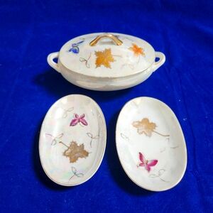 Lipper & Mann Butterfly & Leaves Lusterware Oval Covered Sugar Bowl Butt…